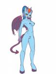 2017 5_fingers absurd_res anthro areola athletic athletic_anthro athletic_female blue_body breasts clitoris demon ear_piercing elzzombie female fingers forked_tongue friendship_is_magic genitals glistening hair hasbro hi_res hooves horn medium_breasts membrane_(anatomy) membranous_wings multicolored_hair my_little_pony nipples nude piercing pubes pussy rainbow_dash_(mlp) rainbow_hair rainbow_pubes simple_background slim soft_abs solo spade_tail tail tongue tongue_out white_background wings yellow_sclera