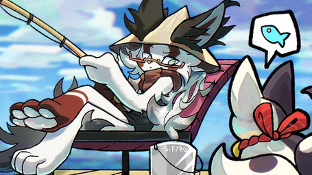 4_toes acoean anthro bell bridge brown_body brown_fur can clothing collar container eye_contact eyewear feet feral fishing fur glasses green_eyes hair hat headgear headwear kemono long_ears long_hair looking_at_another lying on_back pawpads paws rear_view scarf sea toes water white_body white_fur asian_mythology east_asian_mythology japanese_mythology mythology yinyang aquatic domestic_cat felid feline felis fish mammal nekomata yokai