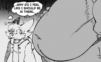 anthro belly big_belly blush bodily_fluids duo imminent_vore male obese obese_male overweight overweight_male size_difference sweat text thought_bubble willing_prey smc_acc canid canine canis mammal wolf english_text monochrome