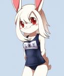 2017 anthro biped blush breasts clothing digital_media_(artwork) female front_view fur grey_background hair hands_behind_back japanese_text kemono lagomorph leporid long_ears looking_at_viewer mammal one-piece_swimsuit pillarbox pink_nose pose rabbit red_eyes school_swimsuit shaded short_tail simple_background small_breasts smile snout solo standing swimwear tail text text_on_clothing text_on_swimwear translated unrealplace white_body white_fur white_hair wusagi_(unrealplace) young young_anthro