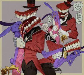 2_penises 3_toes 5_fingers abdominal_bulge anal anal_penetration anthro anthro_penetrated arm_grab black_penis bodily_fluids bottomwear bow_tie bulge bulge_frottage bulges_touching clenched_teeth clothed clothed/nude clothing dialogue diphallism dominant dominant_humanoid dominant_male duo erection erection_under_clothing eyes_closed face_lick feet fingers floating_head floating_mouth for_a_head from_front_position fully_clothed genital_fluids genitals gloves growling gums gums_(mouth) hand_on_chest handwear hat headgear headwear humanoid_on_anthro humanoid_penetrating humanoid_penetrating_anthro leg_grab licking long_ears looking_at_another looking_at_partner lying male male/male male_penetrated male_penetrating male_penetrating_male mouth_eye mouth_eyes multi_genitalia multi_hand multi_penis nervous nervous_sweat nude on_back one_in_one_out open_bottomwear open_clothing open_mouth open_pants overalls pants penetration penile penile_penetration penis penis_in_ass penis_tentacles pink_clothing pink_overalls precum precum_through_clothing purple_body questionable_consent raised_leg reassuring red_clothing red_suit restrained restrained_arms restrained_legs saliva saliva_string scared sex sharp_teeth short_tail shy side_view simple_background size_difference skinny speech_bubble spread_legs spreading standing stuttering submissive submissive_anthro submissive_male suit sweat tail tapering_penis teeth tentacles text toes tongue tongue_out top_hat unusual_anatomy unusual_eye_placement unusual_genitalia unusual_mouth_placement unusual_penis vertical_diphallism wet wet_clothing yellow_eyes forestguiide glitch_productions the_amazing_digital_circus caine_(tadc) jax_(tadc) humanoid lagomorph leporid mammal rabbit absurd_res english_text hi_res multiple_images shaded