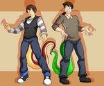 absurd_res brenna_(mr-jugger) brown_hair clothed clothing duo eyewear fully_clothed glasses green_body green_scales growth hair hi_res human jade_moontail jaeh male mammal red_body red_scales scales surprise tail tail_growth transformation