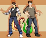 brown_hair clothed clothing duo eyewear fully_clothed glasses green_body green_scales growth hair male red_body red_scales scales surprise tail tail_growth transformation jaeh brenna_(mr-jugger) jade_moontail human mammal absurd_res hi_res