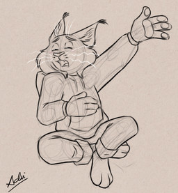3_toes 4_fingers acting anthro bottomwear cheek_tuft clothing dramatic_pose eyes_closed facial_tuft fangs feet fingers fluffy_ears hoodie male pants raised_arm sitting sitting_on_ground solo teeth toes topwear tuft whiskers adriano_berjillos disney zootopia pawbert_lynxley felid feline lynx mammal hi_res