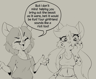 4_fingers anthro athletic_wear bottomwear bra_strap claws clothed clothed_anthro clothed_female clothing confident confident_anthro confident_female dialogue duo exposed_belly exposed_bra eyebrows eyelashes fangs female finger_claws fingers fully_clothed fully_clothed_anthro fully_clothed_female gym_bottomwear gym_shorts navel pawpads paws pigtails raised_eyebrow raised_eyebrows rubbing_cheek sharp_teeth shirt shorts smile speech_bubble t-shirt tank_top teeth text topwear twintails_(hairstyle) whiskers muhny chloe_(muhny) kim_(muhny) domestic_cat felid feline felis mammal english_text sketch