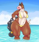 anthro beach bikini clothing facial_piercing female horse_tail huge_thighs hyper hyper_thighs legs_in_water lip_piercing muscular muscular_anthro muscular_female partially_submerged piercing sea seaside solo standing standing_in_water submerged_legs swimwear thick_thighs two-piece_swimsuit water wide_hips snakedakyoot deandra_anheuser_(divadale) divadale_(snakedakyoot) clydesdale draft_horse equid equine horse mammal hi_res