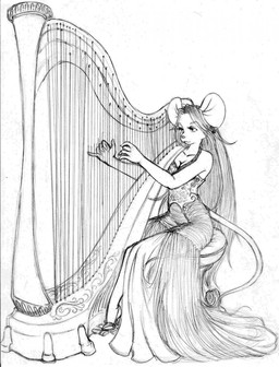 anthro clothed clothed_anthro clothed_female clothing dress evening_gown female female_anthro hair harp long_hair music musical_instrument playing_music plucked_string_instrument solo string_instrument tail three-quarter_view neoragdolls mammal mouse murid murine rat rodent black_and_white graphite_(artwork) hi_res line_art monochrome traditional_media_(artwork)