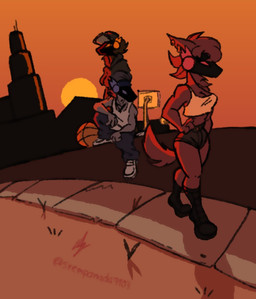anthro ball basketball_(ball) boots bottomwear breasts city city_background cleavage clothed clothing female footwear group hat headgear headwear hoodie hotpants kerchief machine male orange_sky pants shoes shorts sky sunset topwear trio walking sr_empanada protogen