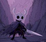 anthro biped cloak clothing detailed_background holding_object holding_weapon mask solo standing weapon rovingneophyte hollow_knight team_cherry the_knight_(hollow_knight) vessel_(species) 2020