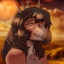 anthro blurred_background brown_hair cloud cross evening eyelashes facial_horn female hair half-closed_eyes horn jewelry long_eyelashes long_hair looking_at_viewer narrowed_eyes necklace orange_body outside red_eyes relaxing sky smile solo tan_body tear_trough text eddodoodle goodbye_volcano_high ko_op_(game_developer) rosa_(gvh) aquilops ceratopsian dinosaur marginocephalian ornithischian prehistoric_species reptile scalie artist_name bust_portrait colored portrait shaded