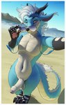 2023 anthro asian_mythology barbel_(anatomy) beach blue_body blue_scales casual_erection casual_nudity claws countershade_face countershade_tail countershade_torso countershading day dragon east_asian_mythology eastern_dragon erection eyewear femboy flesh_whiskers foreskin genitals hair half-closed_eyes hi_res horn humanoid_genitalia humanoid_penis looking_at_viewer male mountain mythological_creature mythological_scalie mythology narrowed_eyes navel nude nude_beach outside penis public public_erection public_nudity sand scales scalie sea seaside skipsy sky solo standing sunglasses tail tail_tuft tuft water white_hair wide_hips