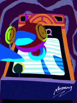 ambiguous_gender arcade_machine blue_body disembodied_hand disembodied_tail feral looking_at_viewer multicolored_body noise_filter pink_body purple_background scanlines simple_background solo two_tone_body yellow_eyes magmaglitch nintendo pokemon digital_creature generation_4_pokemon pokemon_(species) porygon-z digital_drawing_(artwork) digital_media_(artwork) hi_res japanese_description lineless signature