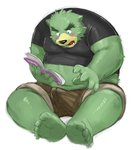 anthro belly black_nose blush book bottomwear bulge clothing fur green_body green_fur kemono male overweight overweight_anthro overweight_male reading shirt shorts simple_background sitting solo topwear white_background kita_9999 bear mammal 2013