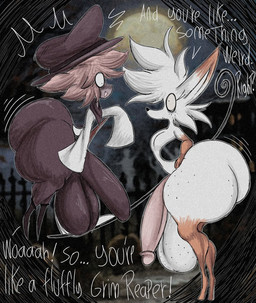 balls big_balls big_penis brown_body butt clothing detailed_background dialogue duo eye_contact femboy floating fluffy_ears freckled_balls freckled_face freckled_legs freckled_thighs freckles full_moon fur genitals hair hat head_tuft headgear headwear huge_balls huge_penis hyper hyper_balls hyper_genitalia hyper_penis long_hair looking_at_another melee_weapon moon multicolored_body orange_body orange_fur penis polearm scythe smile text thick_thighs tuft weapon white_body white_fur wobble rogywantscoffee abbey_vanilla_(rogywantscoffee) okari_tomorrow canid canine canis fox human humanoid mammal wolf