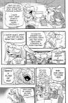 anthro blush breasts canid canine canis clothed clothing comic daigaijin dialogue domestic_dog duo english_text female fish furryfight_chronicles harry_fishkopp hi_res male mammal marine mellow_(furryfight_chronicles) midriff monochrome navel poodle salmon salmonid_(fish) store text under_boob