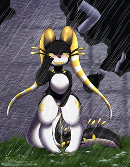 antennae_(anatomy) anthro blush bodily_fluids female female_peeing genital_fluids genitals grass looking_at_viewer nude peeing plant raining simple_background smile solo standing urine urine_on_ground urine_pool urine_stream vulva watersports white_body yellow_eyes raveneevee rain_world videocult fan_character saffron_(kojondian) slugcat absurd_res digital_media_(artwork) hi_res