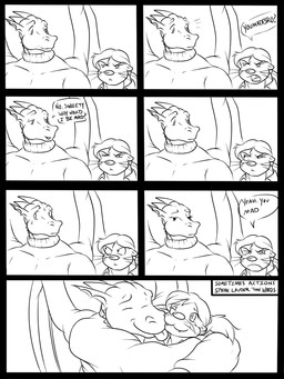 anthro bodily_fluids clothing comforting comforting_another dialogue duo hair happy hug long_hair male male/male paranoid size_difference smile speech_bubble suspicious sweater tears text tongue topwear pandottermon mythology dragon mammal mustelid mythological_creature mythological_scalie otter scalie 3:4 comic english_text hi_res monochrome