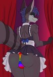 anthro blue_eyes blue_hair blue_inner_ear_fluff butt clothed clothing crossdressing femboy fur grey_body grey_fur grey_tail hair inner_ear_fluff maid_uniform male multicolored_clothing multicolored_panties multicolored_underwear panties presenting presenting_hindquarters rainbow_clothing rainbow_panties rainbow_underwear rear_view smile solo tail tuft underwear uniform maladaballa lolopolko_(character) mammal procyonid raccoon hi_res