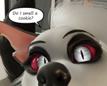 anthro cheek_tuft close-up facial_tuft female fluffy fluffy_tail fur grey_body grey_fur grey_hair hair inner_ear_fluff looking_at_viewer notched_ear red_sclera silly snout solo speech_bubble tail tuft white_eyes ap_3d_artist helluva_boss loona_(helluva_boss) canid canine mammal 3d_(artwork) blender_(artwork) digital_media_(artwork)