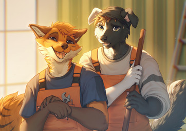 5_fingers anthro biped black_body black_fur bottomwear claws clothed clothed_anthro clothed_male clothing duo finger_claws fingers front_view fully_clothed fully_clothed_anthro fully_clothed_male fur grey_tail hair inside male orange_body orange_fur orange_hair smile standing tail teeth tongue topwear white_body white_fur smileeeeeee canid canine canis domestic_dog fox mammal 2025 digital_drawing_(artwork) digital_media_(artwork) hi_res