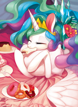 accessory bed dessert doughnut eating eyes_closed feathered_wings feathers female feral flower flower_in_hair food furniture hair hair_accessory horn ice_cream kitchen_utensils long_hair multicolored_hair pastry pillow plant solo tools wings ciciya friendship_is_magic hasbro my_little_pony mythology princess_celestia_(mlp) equid equine mammal mythological_creature mythological_equine winged_unicorn 2015