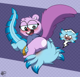 anthro blush bottomless butt clothed clothing duo eyewear facesitting fur glasses male male/male simple_background sitting sitting_on_another smile tail teeth toony wearing_glasses nutty_bo arty_(nutty_bo) amphibian aquatic axolotl mammal mole_salamander rodent salamander sciurid tree_squirrel hi_res