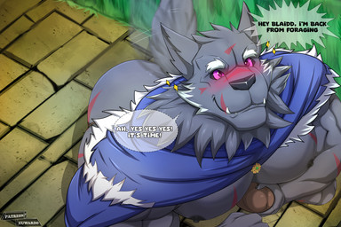 anthro big_butt black_sclera blush butt cape clothed clothing erection fangs fur genitals humanoid_genitalia humanoid_penis male muscular muscular_anthro muscular_male nipples pecs penis simple_background smile solo stripes tail tail_motion tailwag teeth text zuwardo elden_ring fromsoftware blaidd_(elden_ring) canid canine canis mammal wolf 3:2 digital_media_(artwork) english_text hi_res