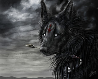 arrow_(weapon) arrow_in_mouth black_body black_fur black_nose day detailed_background feral fur mouth_hold object_in_mouth outside ranged_weapon sky solo weapon white_eyes wolfroad canid canine canis mammal wolf 2015 5:4 digital_media_(artwork) headshot_portrait portrait