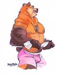 anthro biceps boxer_briefs brown_body brown_fur bulge clothing eyes_closed fur happy looking_away male musclegut muscular muscular_anthro muscular_male neck_tuft pecs pink_clothing pink_underwear short_tail side_view slightly_chubby smile solo tail teeth towel tuft underwear super-tuler bear_(super-tuler) bear mammal 2014