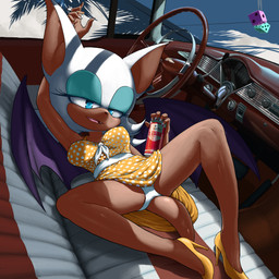 anthro bat_wings bedroom_eyes beverage_can blue_eyes breasts camel_toe car cigarette clothing colored_nails d6 dark_body dark_skin decoration detailed_background dice dress eyelashes eyeshadow female footwear fur hair half-closed_eyes hand_above_head hand_behind_head high-angle_view high_heels holding_cigarette holding_object humanoid_hands inside_car inside_vehicle lying makeup membrane_(anatomy) membranous_wings nails narrowed_eyes on_back open_mouth open_smile panties polka_dots pose presenting presenting_camel_toe presenting_panties seductive shoes smile solo spread_legs spreading steering_wheel underwear vehicle white_body white_fur white_hair wings dash-the-cheetah chevrolet sega sonic_the_hedgehog_(series) rouge_the_bat bat mammal 1:1 absurd_res hi_res pinup