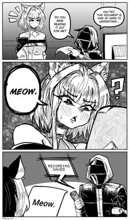 breasts clothing computer_monitor confusion dialogue duo female hair holding_object holding_paper jacket male open_mouth paper recording_device text topwear nhim arknights hypergryph studio_montagne doctor_(arknights) kal'tsit_(arknights) animal_humanoid cat_humanoid felid felid_humanoid feline feline_humanoid human humanoid mammal mammal_humanoid 2025 absurd_res comic digital_media_(artwork) english_text hi_res monochrome