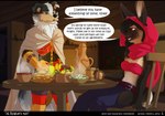2015 annie_(theredhare_and_demicoeur) anthro black_body black_fur breasts brown_eyes canid canine canis chest_tuft clothed clothing collaboration comic dialogue digital_media_(artwork) domestic_dog domestic_rabbit duo english_text eye_contact female food fruit fur hioshiru inside iskra jack_(theredhare) lagomorph leporid looking_at_another male male/female mammal midriff navel oryctolagus plant rabbit rex_rabbit shaded skimpy text theredhare tuft white_body white_fur