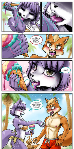 anthro beach bikini blue_body blue_fur blue_hair blush breasts chest_tuft clothing collarbone dessert dialogue dipstick_tail duo eyebrows eyelashes eyes_closed female food fur green_eyes hair ice_cream licking licking_arm male markings nipples open_mouth orange_body orange_fur pattern_bikini pattern_clothing pattern_swimwear sarong striped_bikini striped_clothing striped_swimwear stripes swimming_trunks swimwear tail tail_markings tan_body tan_fur text tongue tuft two-piece_swimsuit white_body white_fur john_joseco nintendo star_fox fox_mccloud krystal_(star_fox) canid canine fox mammal 2025 absurd_res comic english_text hi_res