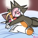 :3 anthro bed blush blushing_profusely canon_couple claws daww duo eyeliner female female/female food_costume fur furniture hair hair_over_eye head_tuft makeup male multicolored_body multicolored_fur one_eye_obstructed pink_eyeliner semi-anthro sleeping smile tuft white_body white_fur blueyheelerishere chikn_nuggit cheezborger_(chikn_nuggit) cofi_(chikn_nuggit) bovid calico_cat caprine domestic_cat domestic_sheep felid feline felis mammal sheep 1:1 2023 digital_drawing_(artwork) digital_media_(artwork)