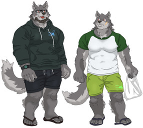 anthro band-aid bandage barazoku beard clock clothed clothing countershade_tail countershading duo eyewear facial_hair flip_flops footwear glasses hoodie kemono male muscular open_mouth sandals scar shoes simple_background smile tail topwear watch wristwatch chan_kiti_chan canid canine canis mammal wolf hi_res father_(lore) father_and_child_(lore) father_and_son_(lore) parent_(lore) parent_and_child_(lore) parent_and_son_(lore) son_(lore)