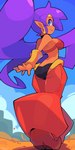 blue_eyes breasts brown_body brown_skin clothing day ear_piercing ear_ring female footwear hair humanoid_pointy_ears long_hair not_furry piercing pointy_ears ponytail purple_hair ring_piercing smile solo bacun shantae_(series) wayforward shantae genie humanoid 2023 absurd_res hi_res