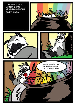 anthro banana black_body black_fur black_hands black_stripes border cauldron chicken_egg chicken_leg dialogue egg egg_(food) food fruit fur grape grass grey_body grey_fur grey_stripes male nude_anthro nude_male orange_(fruit) palm_tree pear pineapple plant solo speech_bubble stripes text tree waking_up white_body white_border white_fur dutch_(artist) mammal procyonid raccoon 2011 colored comic english_text