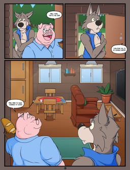 anthro black_nose blue_clothing blue_dress_shirt blue_topwear blue_vest bread chair clothed clothed_anthro clothed_male clothing coffee_table collared_shirt covering covering_crotch dialogue dress_shirt duo electronics eyes_closed eyewear food fully_clothed fully_clothed_anthro fully_clothed_male fur furniture glasses grey_body grey_fur groceries grocery_bag inviting long_snout male overweight overweight_anthro overweight_male paper_bag partially_clothed_anthro partially_clothed_male pink_body plant plant_pot potted_plant shirt smile snout sofa speech_bubble table tail_covering_crotch television text topwear tv_remote vest wearing_glasses window huttsergreywolf fairy_tales the_three_little_pigs big_bad_wolf bigby_(huttsergreywolf) swinestein canid canine canis domestic_pig mammal suid suine sus_(pig) wolf comic english_text hi_res
