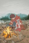 anthro barefoot bedding blanket boots brown_hair campfire camping claws clothing cuddling duo feet footwear green_eyes hair horn male red_body scarf shoes smile soles toe_claws yellow_eyes kubota_keita bandai_namco digimon digimon_ghost_game hiro_amanokawa betelgammamon digimon_(species) human mammal scalie hi_res