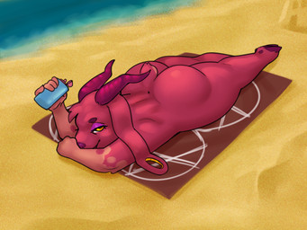 anthro beach ear_piercing female horn lotion_bottle piercing red_body seaside solo towel lostwisdom bovid caprine demon goat mammal 4:3 hi_res