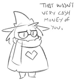 anthro clothed clothing dialogue eyewear fur glasses hat headgear headwear heart_symbol humor male parody scarf simple_background solo text white_background potoobrigham deltarune undertale_(series) ralsei bovid caprine darkner goat mammal 2018 english_text low_res meme monochrome reaction_image sketch