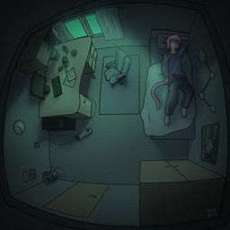 anthro barefoot bed bedding bedroom biped black_clothing blue_bottomwear blue_clothing blue_pants blue_topwear book bottomwear box camera cardboard cardboard_box carpet chair clock clothed clothing computer computer_keyboard computer_monitor computer_mouse container curtains desk detailed_background electronics eyes_closed feet fully_clothed fur furniture grey_clothing hair high-angle_view inside keyboard lamp light lying male male_anthro night office_chair on_back on_bed pants paper phone pillow pink_body pink_hair poster shirt sleeping solo table tail topwear trash_can window neo_arts kari_(karranium) domestic_cat felid feline felis mammal 1:1 absurd_res detailed digital_media_(artwork) hi_res