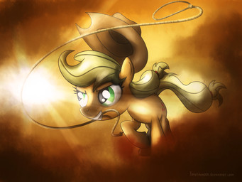abstract_background blonde_hair clothing cowboy_hat cutie_mark female feral green_eyes hair hat headgear headwear lasso quadruped simple_background smile solo sun tail fongsaunder friendship_is_magic hasbro my_little_pony applejack_(mlp) earth_pony equid equine horse mammal pony 2011 4:3