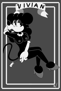 anthro breasts cartoon_eyes female lips lipstick looking_at_viewer makeup navel nipples nude pose rubberhose seducing_viewer seductive solo text shenvalor mouse:_p.i._for_hire vivian_mccarthy mammal mouse murid murine rodent black_and_white hi_res monochrome