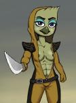 abs belt bodysuit breasts clothing female hood melee_weapon muscular muscular_female nipples non-mammal_breasts skinsuit solo sword tight_clothing weapon nsfy_(artist) disney ducktales ducktales_(2017) gabby_mcstabberson avian