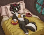 bed beverage burger cake cola comfy crumbs dessert eating food furniture grin hay_burger lazy lying male on_back pillow smile soda solo zecora's_hut elronya eltaile hasbro my_little_pony fan_character zenawa_skunkpony equid equine horse hybrid mammal mephitid pony skunk hi_res