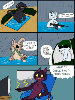 4_fingers 5_panel_comic aircraft airplane ambiguous_gender angry antennae_(anatomy) anthro armor black_body black_fur black_nose black_sclera blue_pupils chest_tuft claws complaining controller countershade_torso countershading cute_fangs dialogue eating electricity electronics empty_eyes exclamation_point fangs finger_claws fingers frown fur furniture grey_background grin gun head_spikes headgear helmet holding_assault_rifle holding_controller holding_gun holding_object holding_ranged_weapon holding_remote_control holding_weapon inside interrobang lightning markings masochism military one_eye_closed open_frown open_mouth orange_sclera outside partially_submerged pawpads profanity pupils purple_body purple_fur raining ranged_weapon remote_control ring_(marking) ringed_tail screaming sharp_teeth simple_background sitting smile smug sofa solo spikes spikes_(anatomy) standing_in_water storm striped_markings striped_tail stripes tail tail_markings tan_body teeth teeth_showing television text tuft vehicle water weapon white_body white_fur yellow_eyes 4chan_anon unknown_artist casualties:_unknown ambient_snake dune_(gunsawian) expie_(gunsawian) gunsawian milky_(gunsawian) voyager_(gunsawian) 2026 aliasing comic digital_media_(artwork) english_description english_text hi_res meme redraw