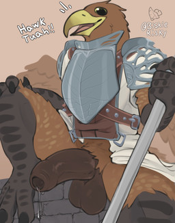 anthro armor balls beak bent_leg big_balls big_penis bodily_fluids bottomless bottomless_anthro bottomless_male breastplate brown_background claws clothed clothing dialogue dripping emanata erection feathers feet foreskin genital_fluids genitals glans holding_melee_weapon holding_object holding_sword holding_weapon humanoid_genitalia humanoid_penis looking_at_viewer male melee_weapon muscular muscular_anthro muscular_male non-mammal_balls open_mouth open_smile pauldron penis precum precum_drip precum_string simple_background sitting smile solo sword talking_to_viewer talons text thick_penis toes tuft unconvincing_armor uneven_balls unretracted_foreskin weapon biskierisky elden_ring elden_ring_nightreign fromsoftware hawk_tuah_meme guardian_(nightreign) accipitrid accipitriform avian bird eagle 2025 absurd_res english_text hi_res meme watermark