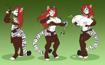 anthro beverage big_breasts black_markings bodily_fluids breast_expansion breast_growth breasts clothed clothing drinking expansion female fur green_eyes growth hair holding_beverage holding_breast holding_object huge_breasts lactating long_hair markings nipples pink_nipples red_hair solo standing striped_arms striped_markings striped_tail stripes tail tail_markings white_body white_fur tiggybloom rika_(outsider) felid mammal pantherine tiger 16:10 2018 sequence widescreen
