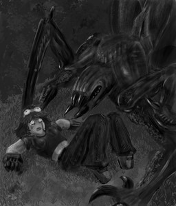 anthro blade_arm bodily_fluids claws duo eyeless facial_tattoo female grass plant scared sweat tattoo teeth molb_(artist) alien human humanoid mammal monster wraith_(evolve) black_and_white hi_res monochrome